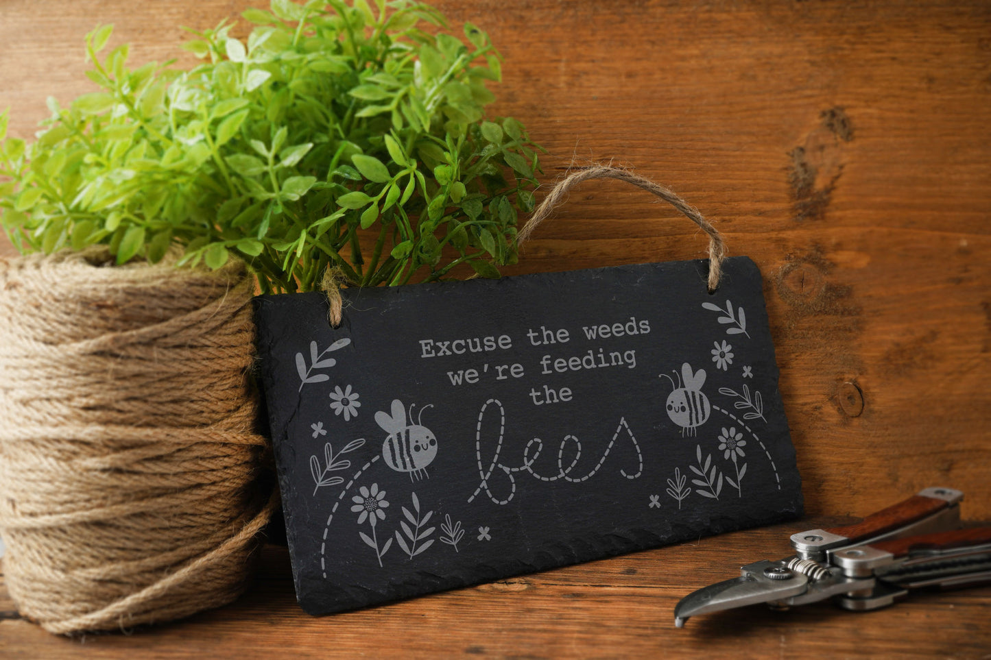 Slate Hanging Sign - 'Excuse The Weeds We're Feeding The Bees' Slate Hanging Sign| Garden Sign | Shed | Novelty Sign