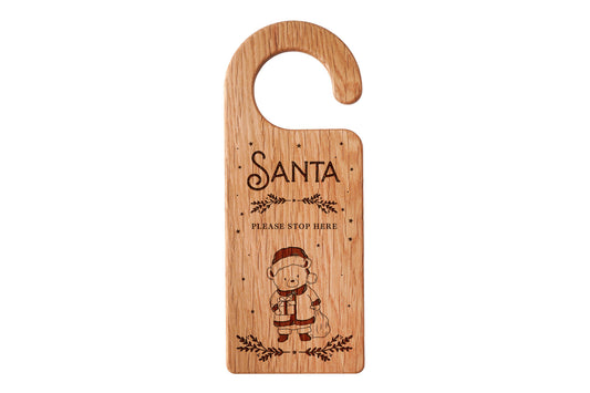 Little Bear Co. - 'Bear - Santa Please Stop Here' Oak Door Hanger | Perfect Gift | Mother's Day | Novelty