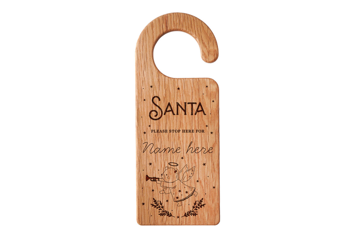 Personalised Little Bear Co. - 'Bear - Santa Please Stop Here' Oak Door Hanger | Perfect Gift | Novelty