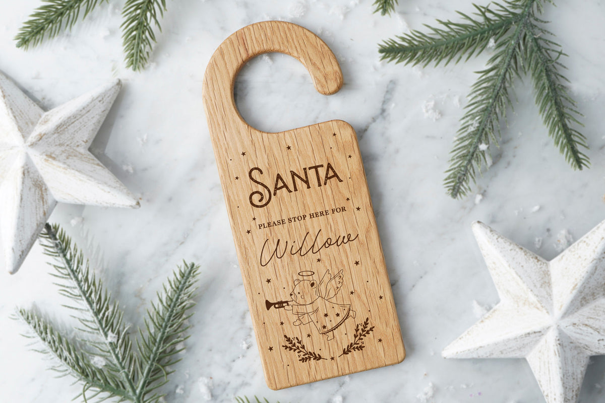 Personalised Little Bear Co. - 'Bear - Santa Please Stop Here' Oak Door Hanger | Perfect Gift | Novelty
