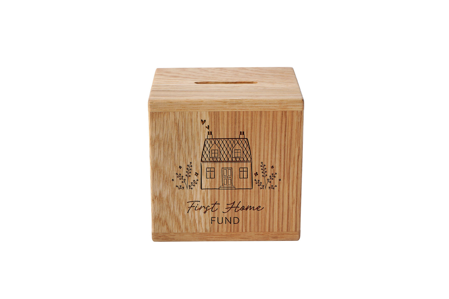 Engraved Oak Money Box – First Home Fund, Housewarming Gift