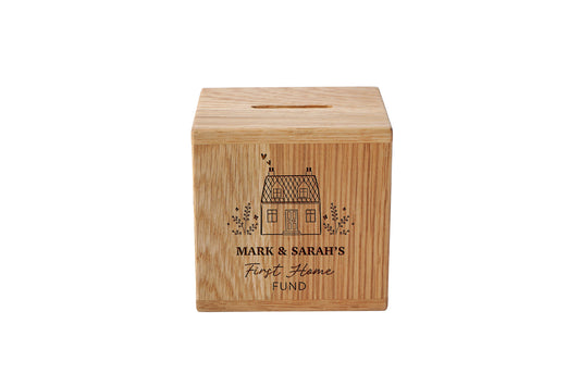 Personalised 'First Home Fund' Oak Money Box | Wooden Money Box | Saving | Piggy Bank | New Home | Wedding Gift