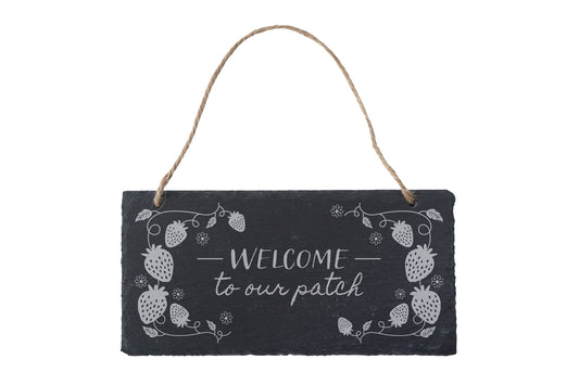 Illustrated Strawberry Hanging Slate Sign - 'Welcome To Our Patch' | Summer | Outdoor Garden Accessory | Garden Sign