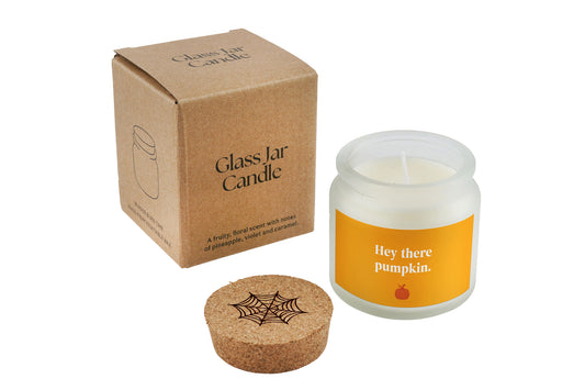 Clear Glass Jar Candle • 'Hey There Pumpkin' • Halloween Candle • Scented Candle • Gift for Her • Him • Autumnal Home Décor • Gift Boxed