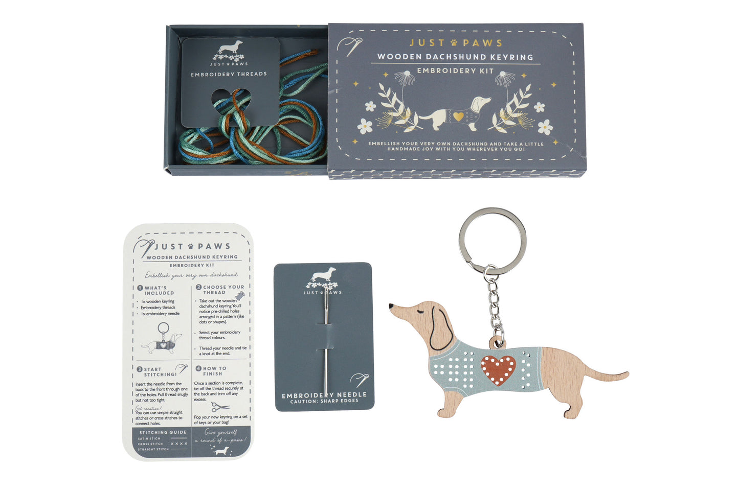 Just Paws Wooden Dachshund Keyring Embroidery Kit | Craft | Hobby