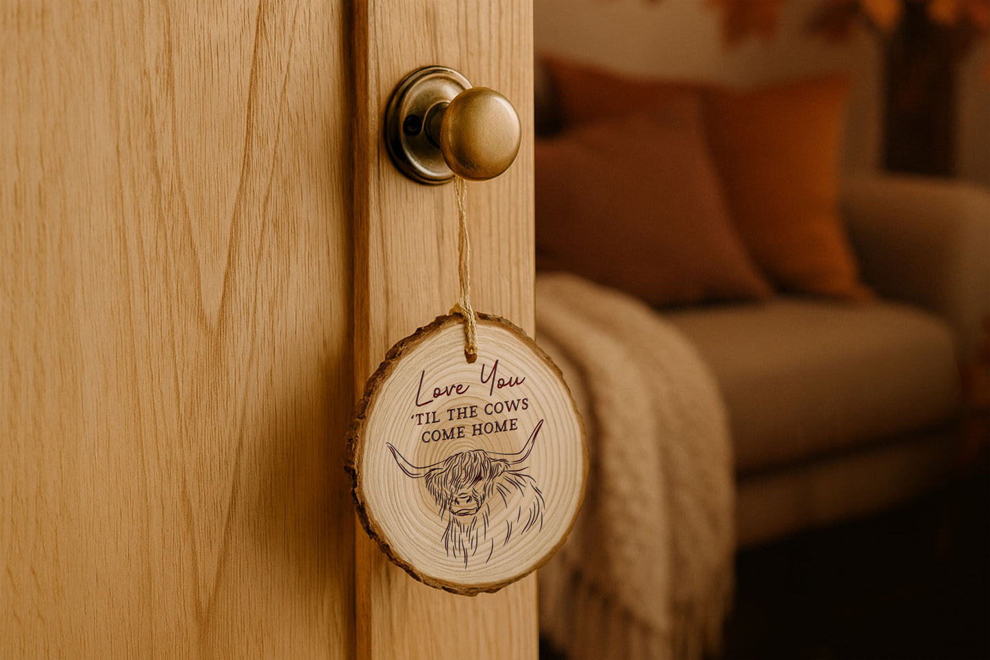 Natural Log Slice Hanger 'Love You 'Til The Cows Come Home' | Rustic Door Hanger | Cosy Autumn Home Decor | Decoration