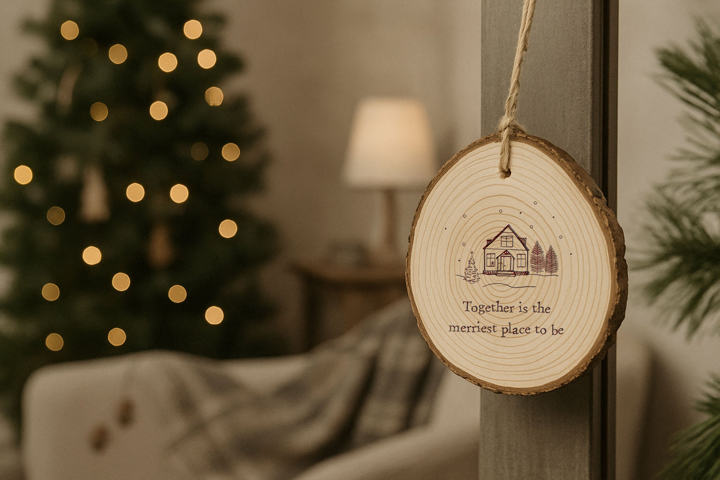 Wooden Log Sign 'Together Is The..' | Rustic Door Hanger | Cosy Festive Home Decor | Wall Decoration | Tree Decoration