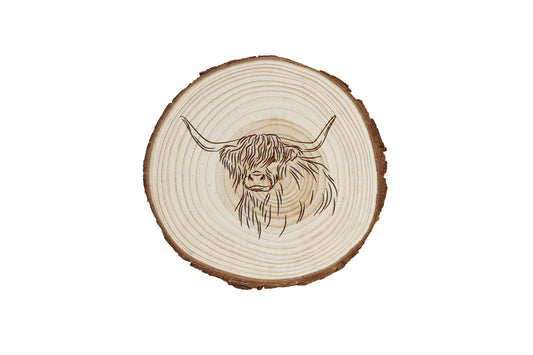 Bramble Farm Highland Cow Coaster | Wooden Log Drink Coaster | Rustic Countryside Farmhouse