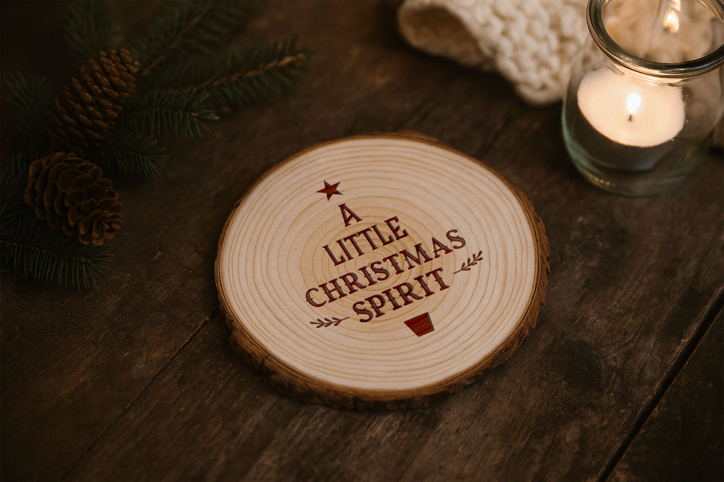 A Little Christmas Spirit Coaster | Wooden Log Festive Christmas Table Decor | Holiday Kitchen Accessory