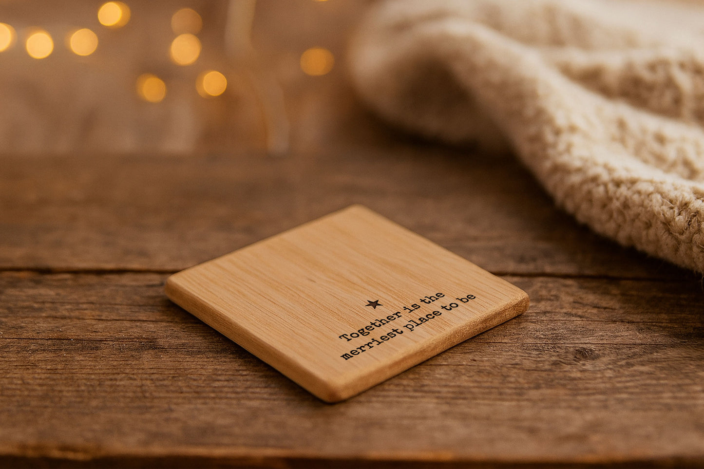 Square Oak Coaster | 'Together Is the Merriest Place To Be' | Christmas Table Decor | Festive Drink Coaster