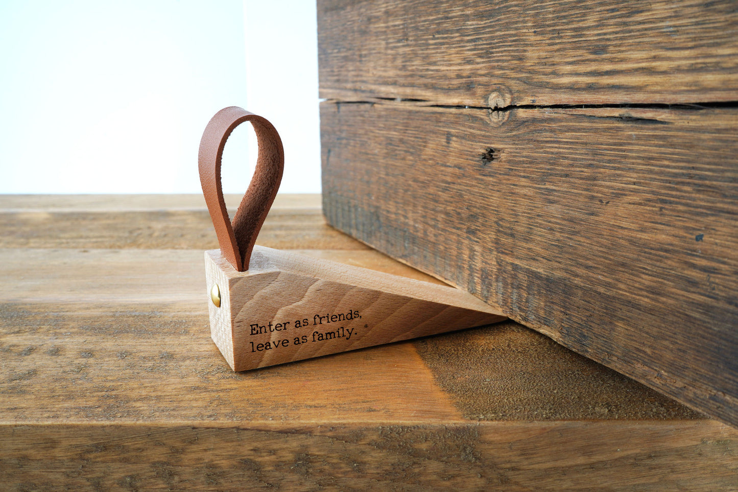 Wooden Door Stop | 'Enter as friends leave as family' | Rustic Home Accessory with Loop | Home Decor | New Home Gift