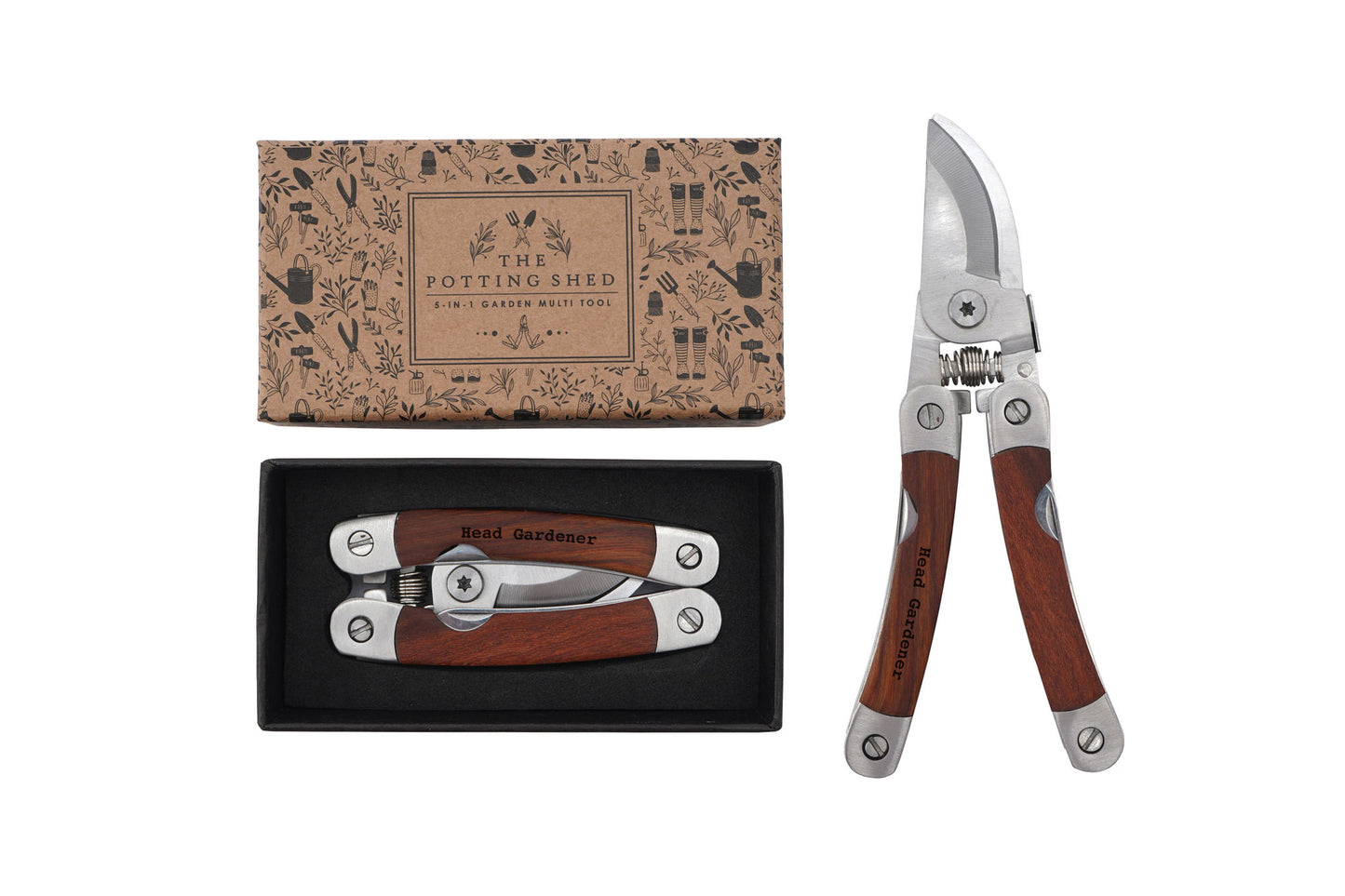 5-in-1 Garden Multi Tool | Head Gardener Engraved Handle | With Gift Box | Wooden Handle | Gardeners Gift | Gifts for Home, Him & Her