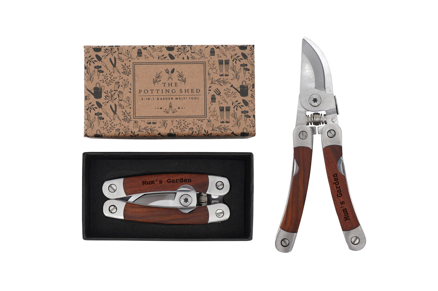 5-in-1 Garden Multi Tool | 'Mum's Garden' Engraved Handle | With Gift Box | Wooden Handle | Gardeners Gift | Ideal Gift | Gifts for Mum