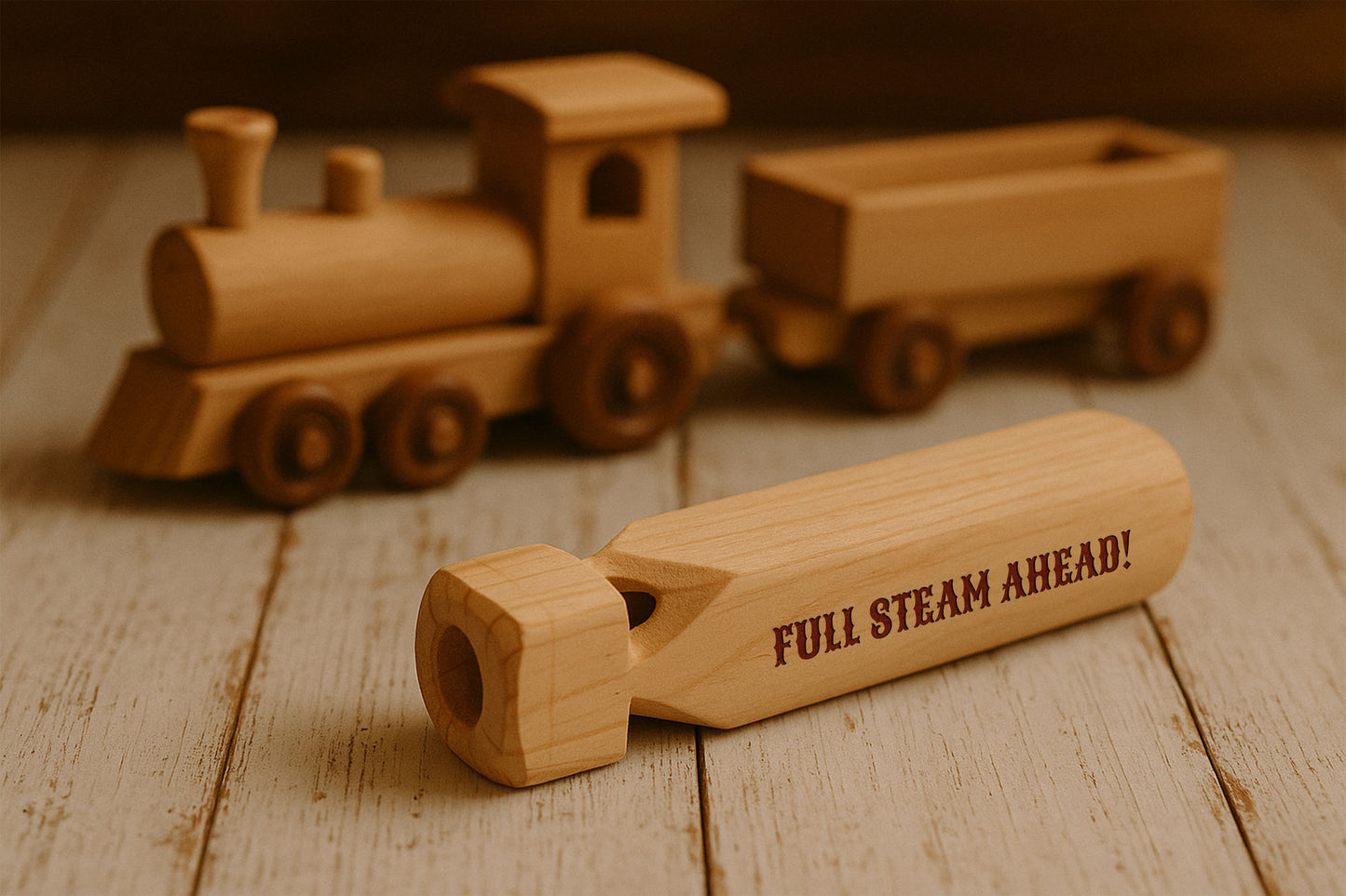 Full Steam Ahead Engraved Train Wooden Whistle | Choo Choo | Gift Boxed | Holiday Stocking Filler | Seasonal Fun Charming Toy Gift for Kids