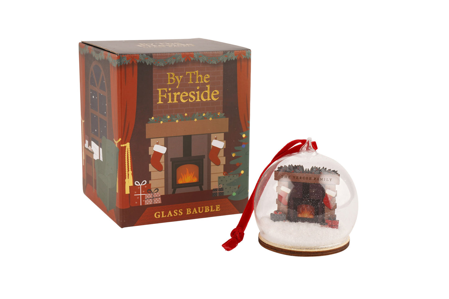 Personalised Fireplace Christmas Bauble | 'The .... Family' | Custom Family Name | Glass Christmas Keepsake Tree Decoration Ornament | Boxed