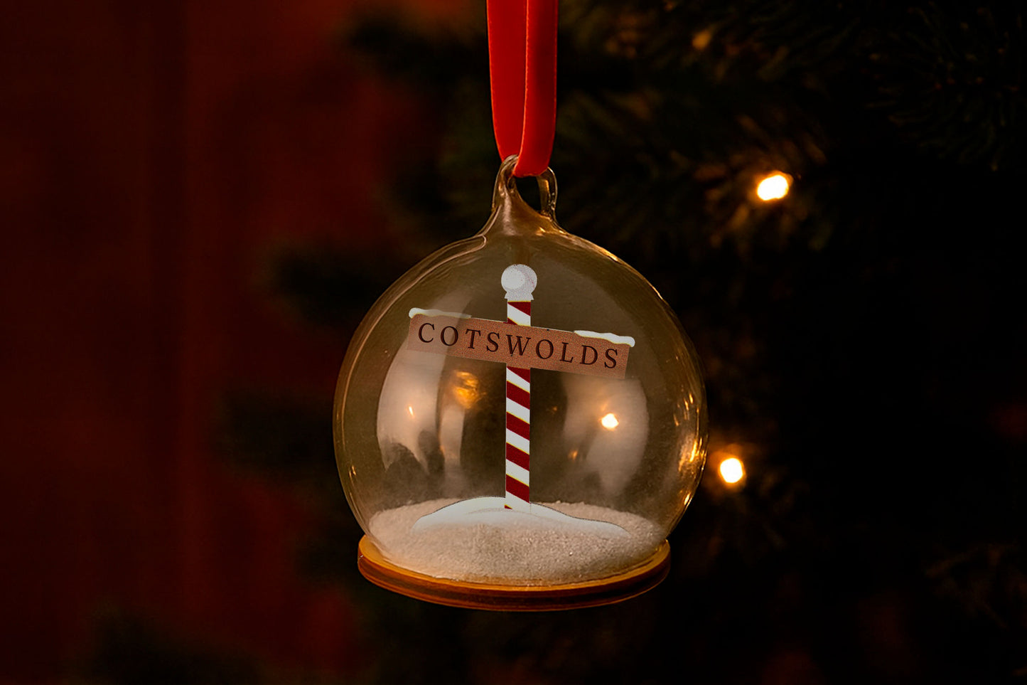 Cotswolds Glass Bauble | Christmas Tree Decoration | Ornament with Wooden North Pole Design | Festive Keepsake | Gift Boxed