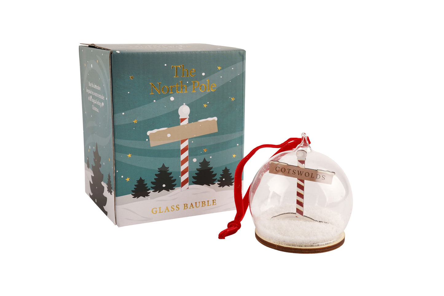 Cotswolds Glass Bauble | Christmas Tree Decoration | Ornament with Wooden North Pole Design | Festive Keepsake | Gift Boxed