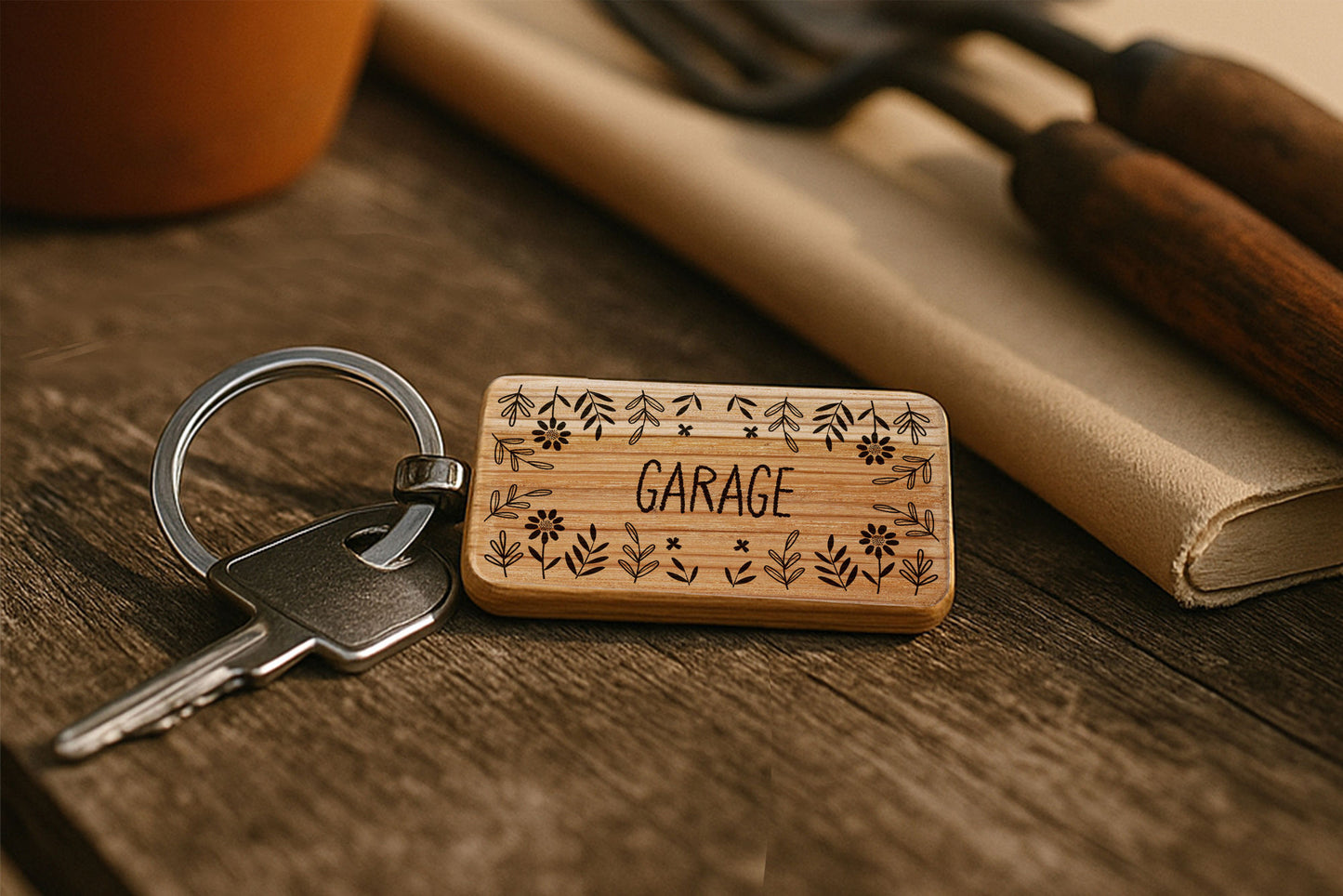 The Potting Shed 'Garage' Oak Rectangle Keyring | Accessory | Handbag | Keychain
