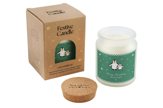 Gingerbread Scented Christmas Candle | 'Merry Christmas Grandad' | White | Penguins | Seasonal Winter Home Décor