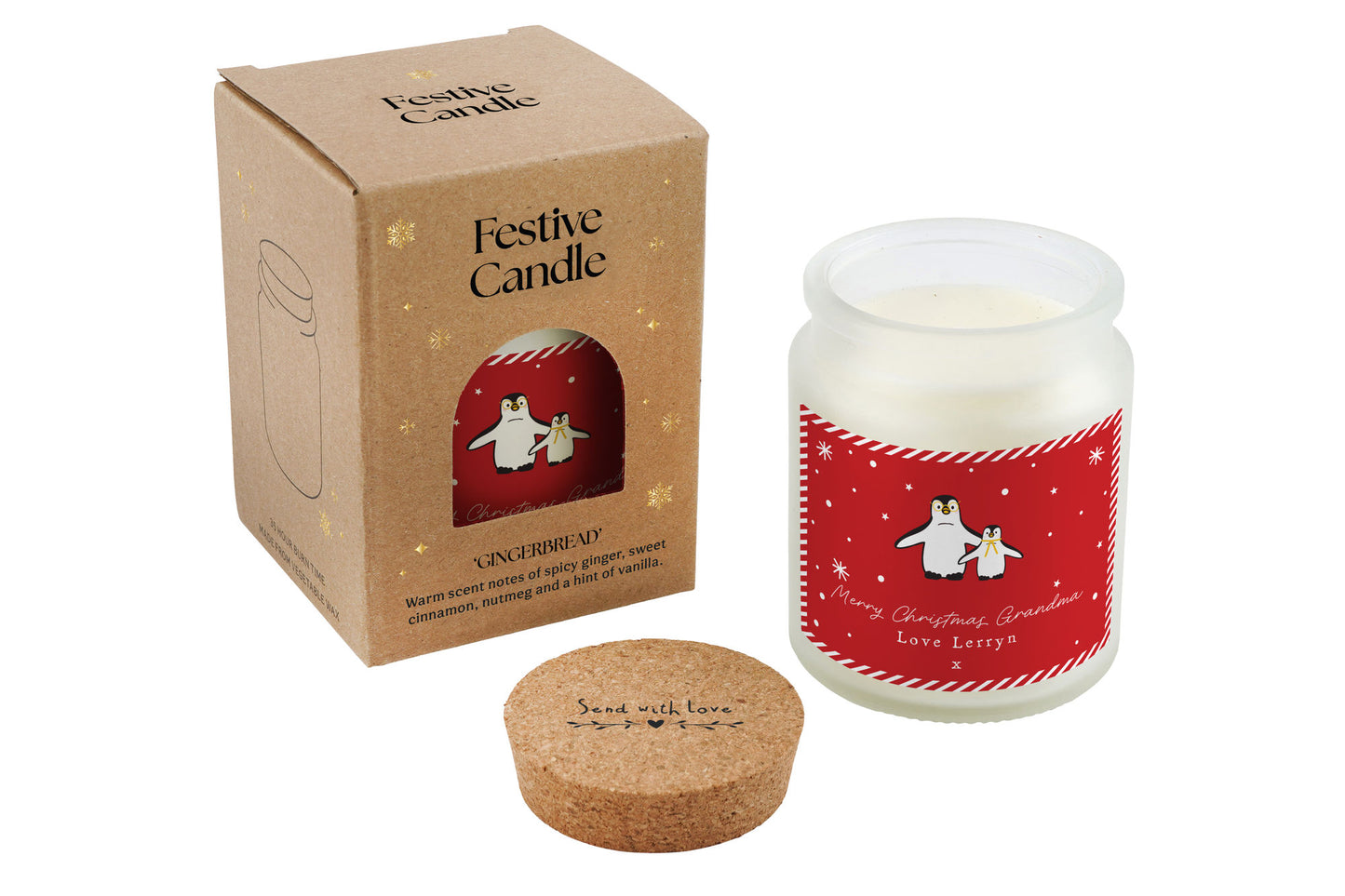 Personalised Gingerbread Scented Christmas Candle | 'Merry Christmas Grandma Love ...' | Penguins | Seasonal Winter Home Décor