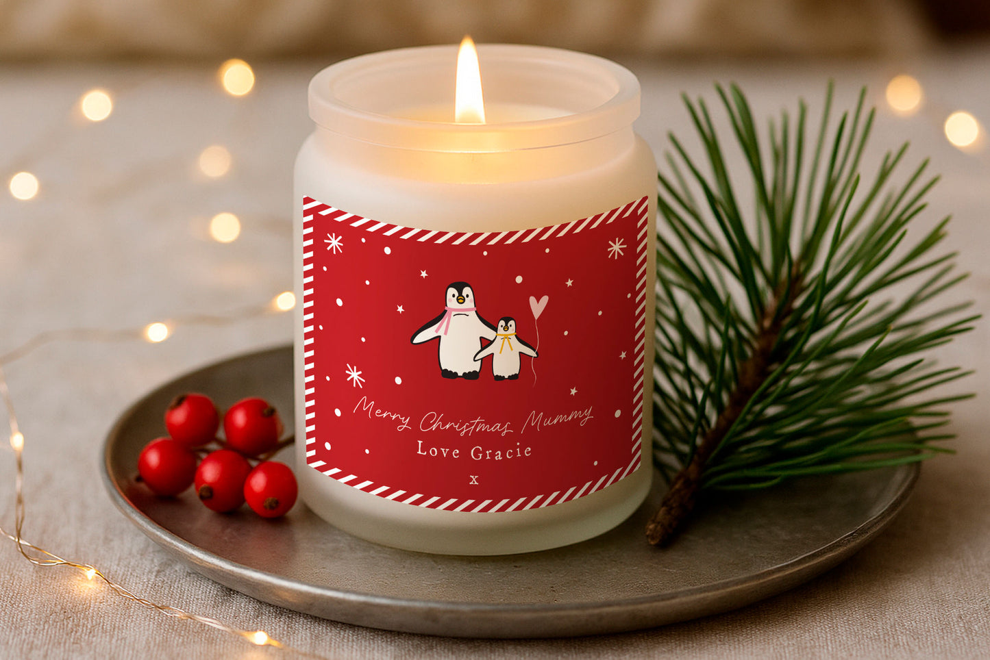 Personalised Gingerbread Scented Christmas Candle | 'Merry Christmas Mummy Love ...' | Penguins | Seasonal Winter Home Décor