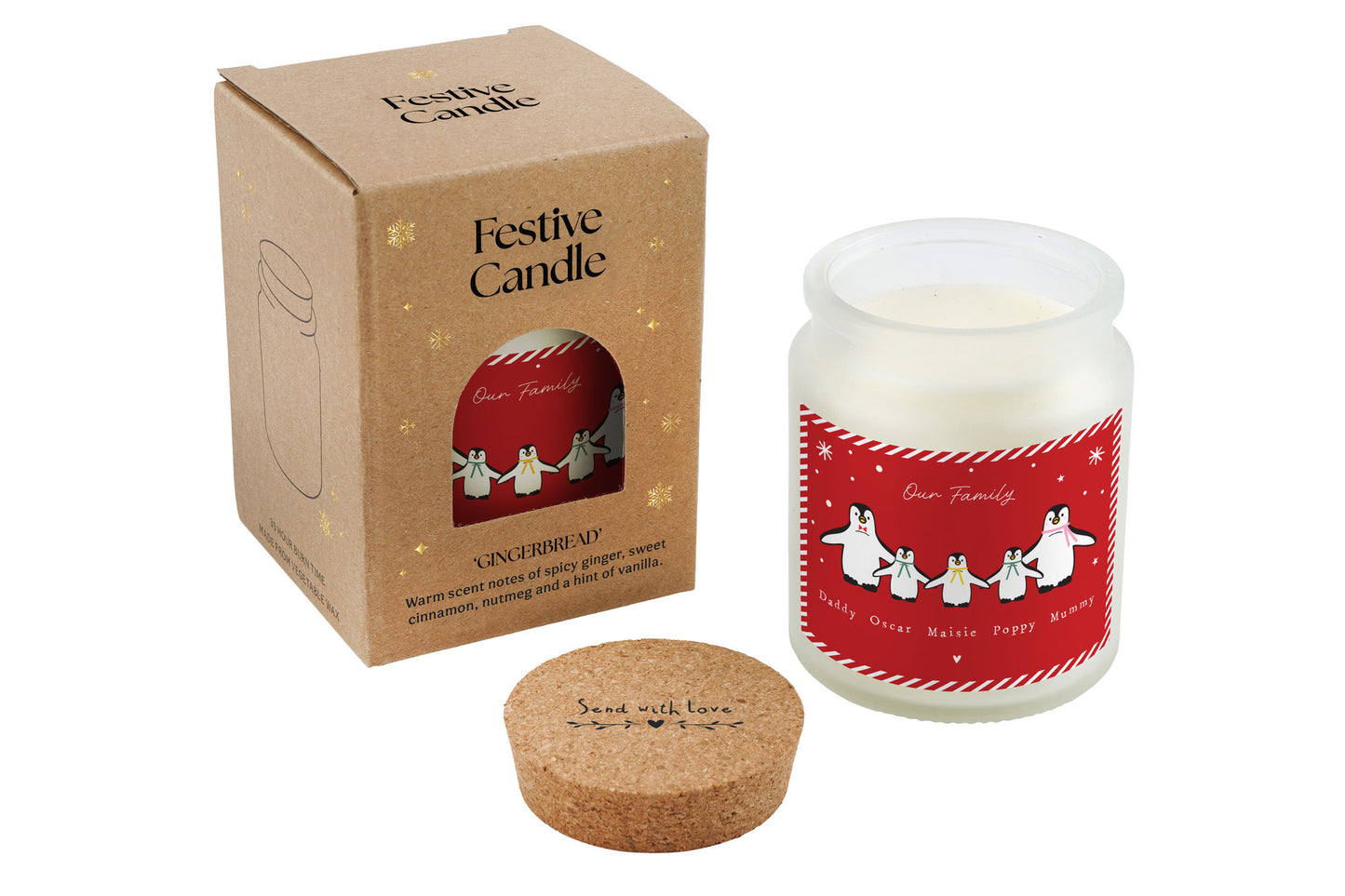 Personalised Family Gingerbread Scented Christmas Candle | 'Our Family...' | Penguins | Seasonal Winter Home Décor