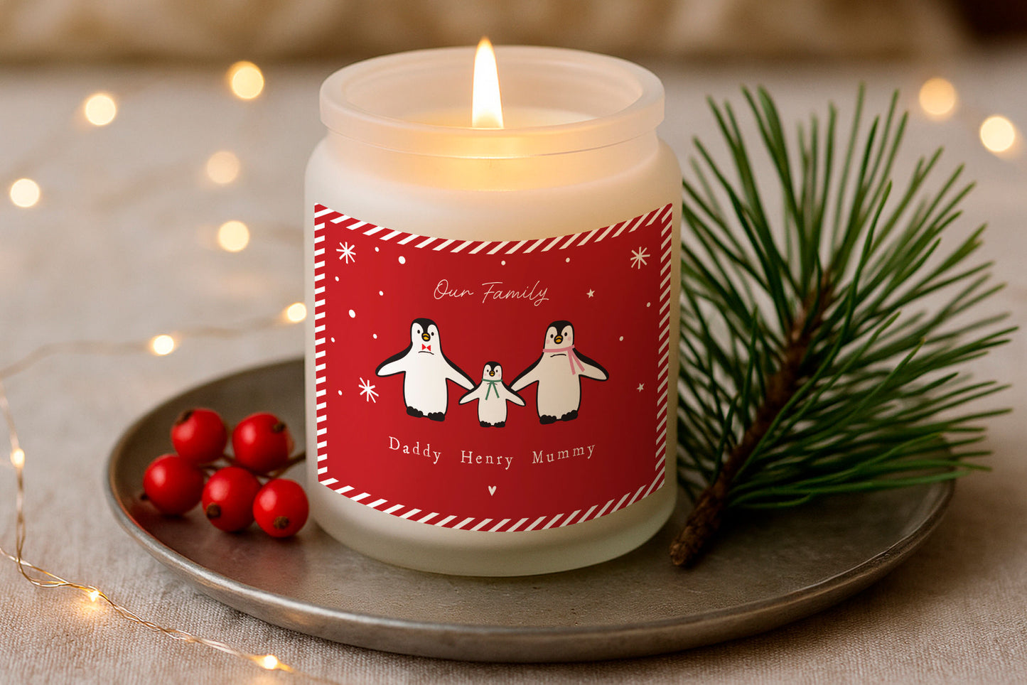 Personalised Family Gingerbread Scented Christmas Candle | 'Our Family...' | Penguins | Seasonal Winter Home Décor