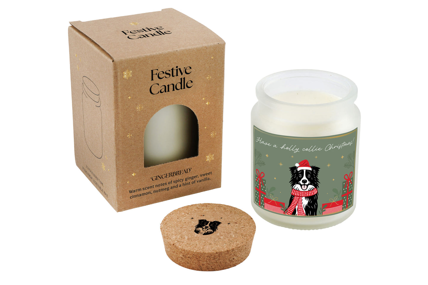 Collie Dog Candle | Gingerbread Scented Christmas Candle | 'Have A Holly Collie Christmas' | Clear | Seasonal Winter Home Décor