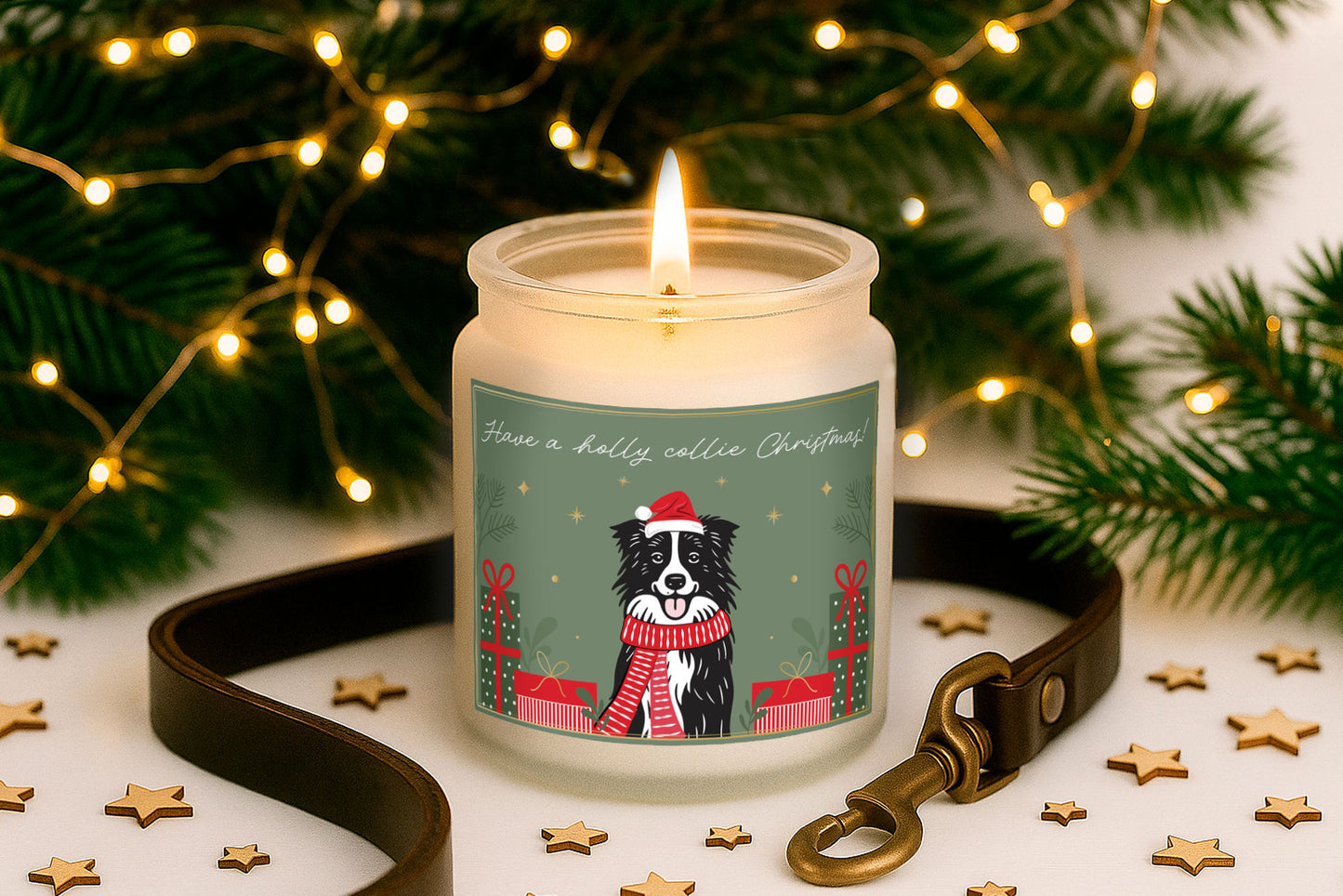 Collie Dog Candle | Gingerbread Scented Christmas Candle | 'Have A Holly Collie Christmas' | Clear | Seasonal Winter Home Décor