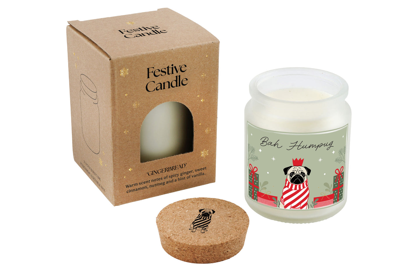 Pug Candle | Gingerbread Scented Christmas Candle | 'Bah Humpug' | Clear | Seasonal Winter Home Décor