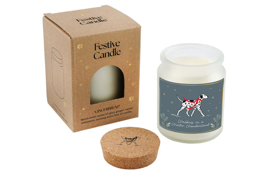 Dalmatian Dog Candle | Gingerbread Scented Christmas Candle | 'Walkies in a Winter Wonderland' | Clear | Seasonal Home Décor