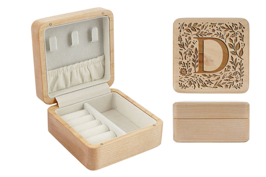 Botanical Letter 'D' Wooden Jewellery Box • Keepsake • Gift Boxed • Engraved
