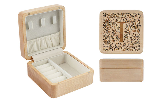 Botanical Letter 'I' Wooden Jewellery Box • Keepsake • Gift Boxed • Engraved
