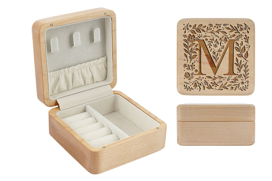 Botanical Letter 'M' Wooden Jewellery Box • Keepsake • Gift Boxed • Engraved