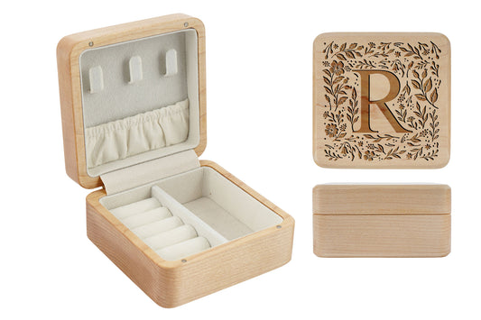 Botanical Letter 'R' Wooden Jewellery Box • Keepsake • Gift Boxed • Engraved