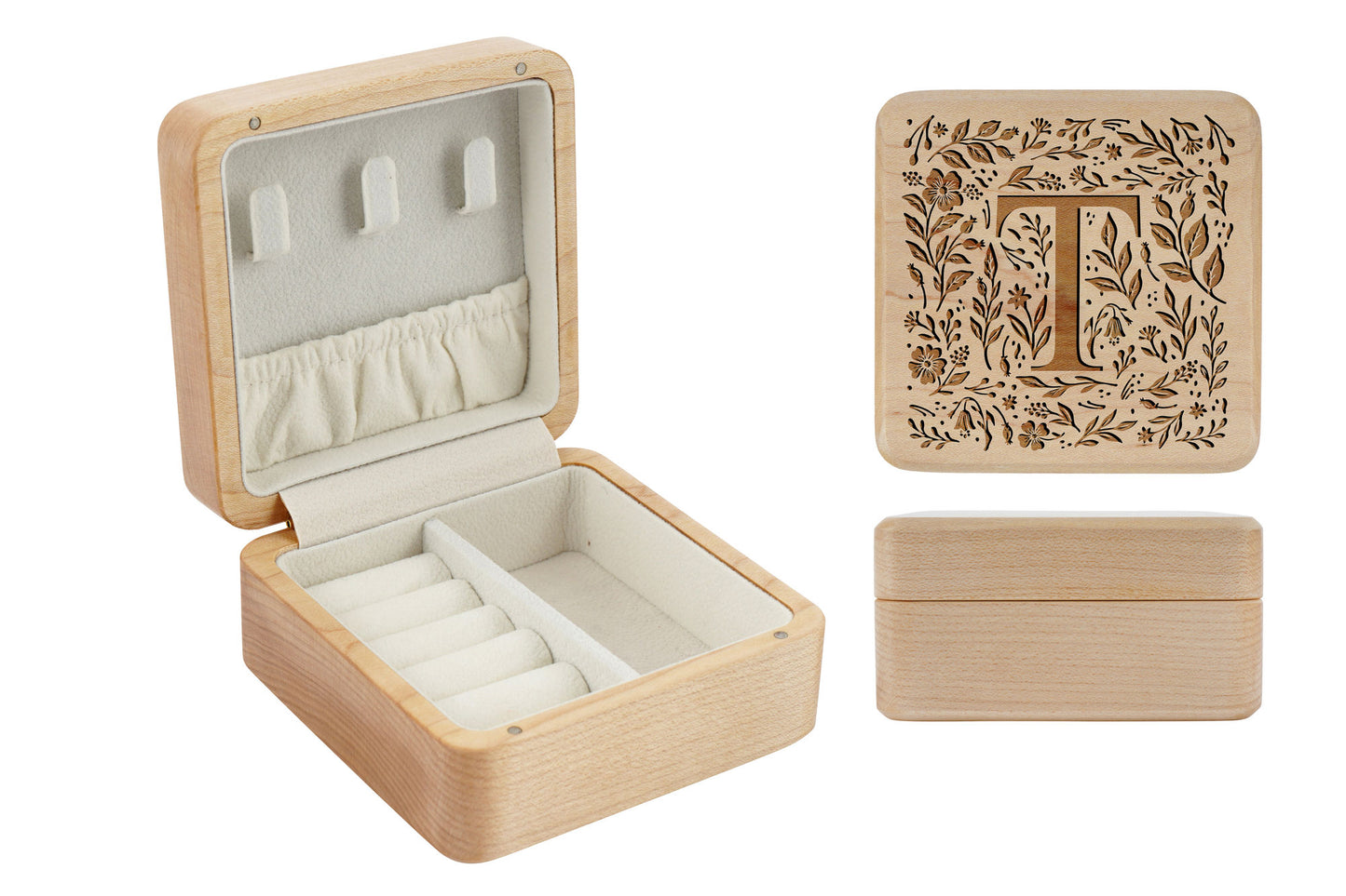 Botanical Letter 'T' Wooden Jewellery Box • Keepsake • Gift Boxed • Engraved