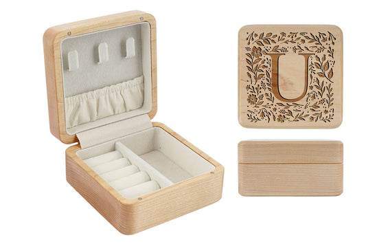 Botanical Letter 'U' Wooden Jewellery Box • Keepsake • Gift Boxed • Engraved