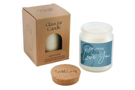 I Puffin Love You White Scented Glass Jar Candle • Coastal Living • Gift Box