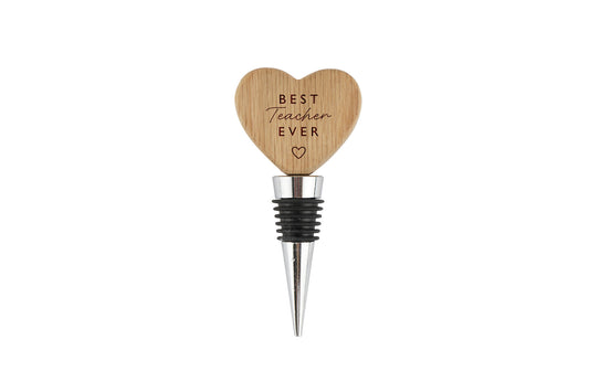 Best Teacher Heart Shaped Oak Wine Bottle Stopper | 'Best Teacher Ever' | Bar Drink Accessory | Mothers Day