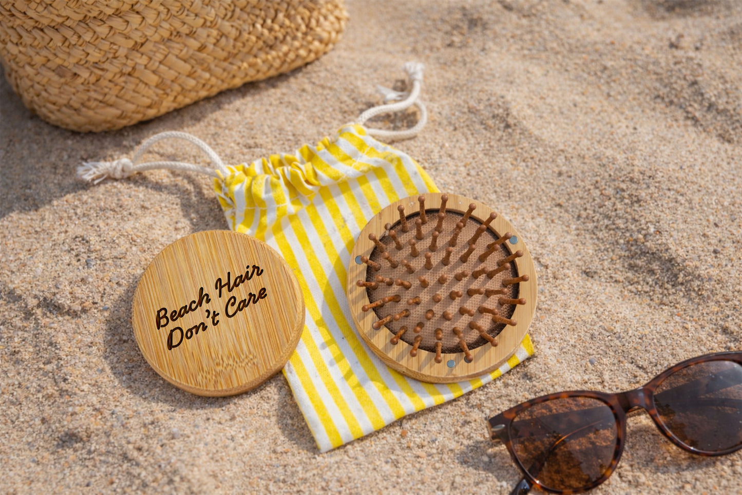Bon Voyage 'Beach Hair Don't Care' Travel Mirror Hairbrush | Handbag Accessory | Wooden Brush | Travel Brush