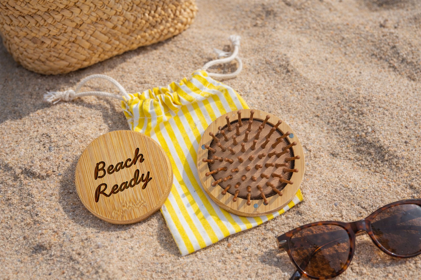 Bon Voyage 'Beach Ready' Travel Mirror Hairbrush | Handbag Accessory | Wooden Brush | Travel Brush