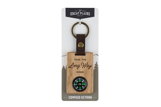 Great Plains 'Take The Long Way Home' Oak Compass Keyring | Travel | Camping | Survival Kit | Exploring