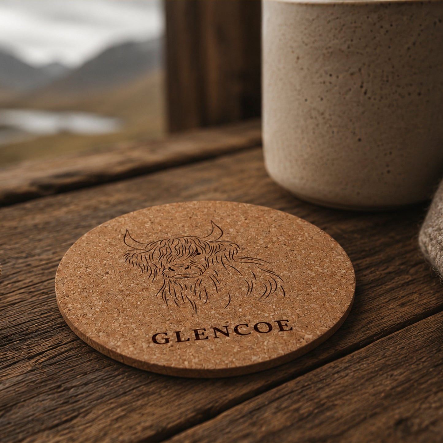 Round Cork Coaster 'Glencoe Highland Cow' | Homeware | Tableware | The Highlands