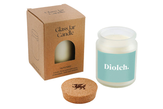 Welsh 'Diolch' Scented White Glass Jar Candle • Thank you Gift • Wales • Gift Box