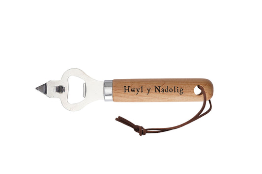 Wooden Handle Bottle Opener | Engraved 'Hwyl y Nadolig' Welsh Christmas Cheer