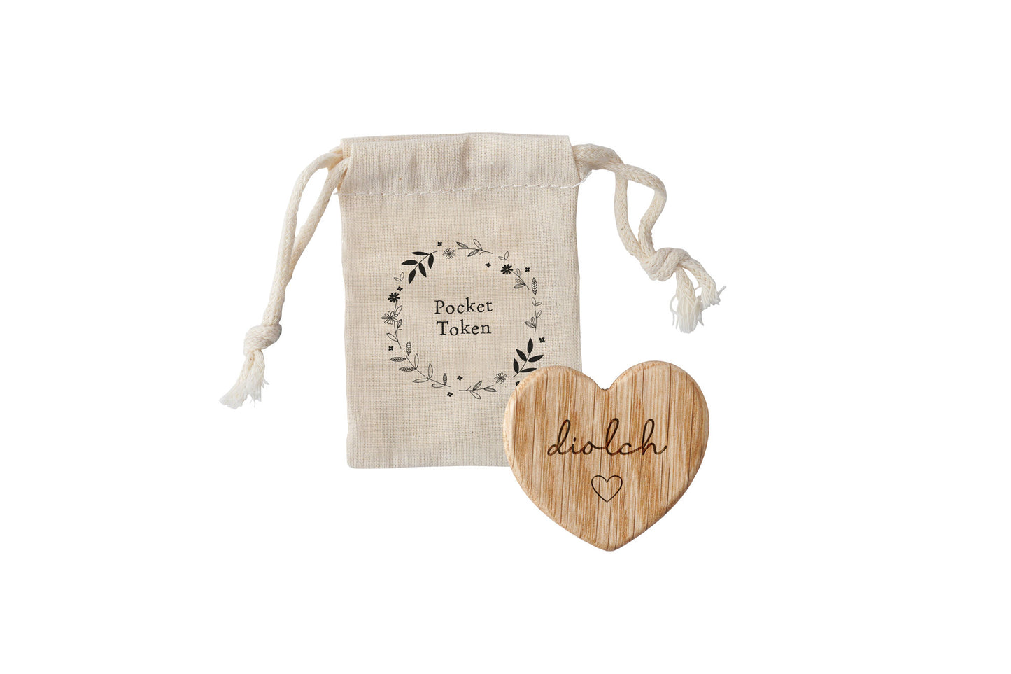 No Place Like Wales - 'Diolch' Oak Heart Token In Cotton Bag | Keepsake | Sentiment