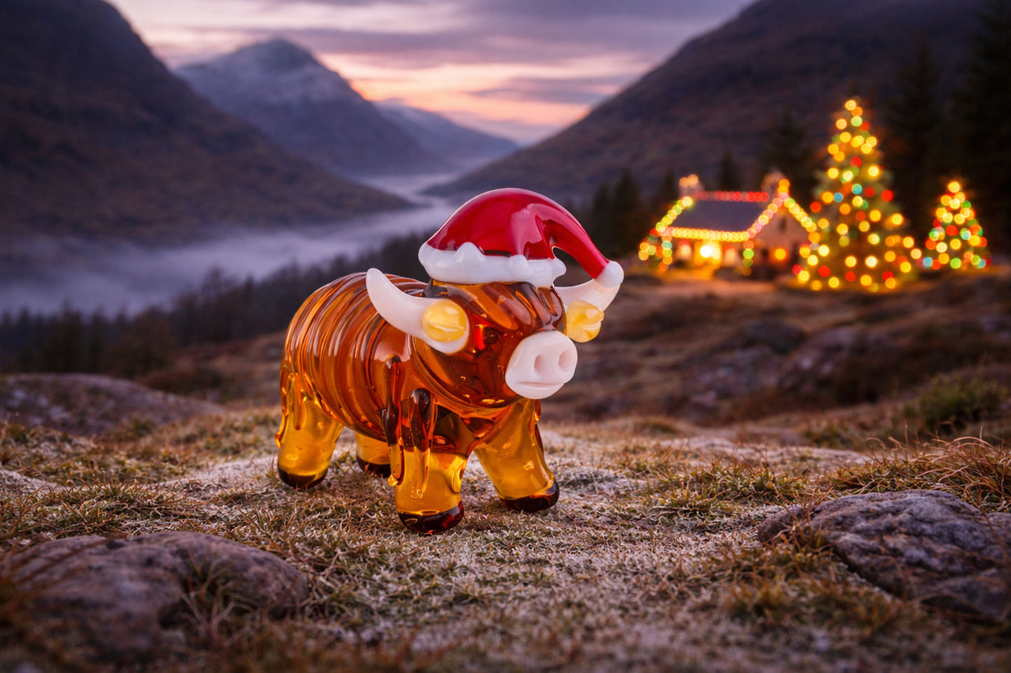 Artisan Glass Christmas Highland Cow In Gift Box  • Decoration • Ornament • Collectable • Home Decor