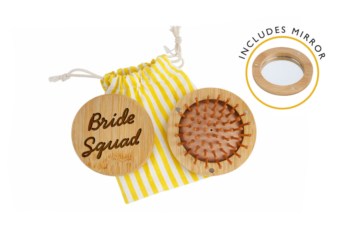 Wooden Hairbrush With Mirror 'Bride Squad' | Compact Travel Mirror Accessory