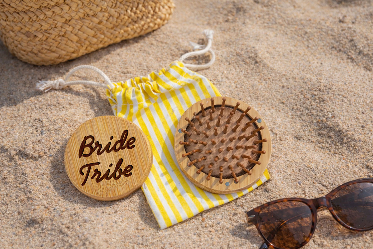 Wooden Hairbrush With Mirror 'Bride Tribe' | Compact Travel Mirror Accessory