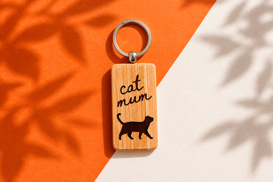 Inky Whiskers 'Cat Mum' Oak Rectangular Keyring | House Keys | Novelty